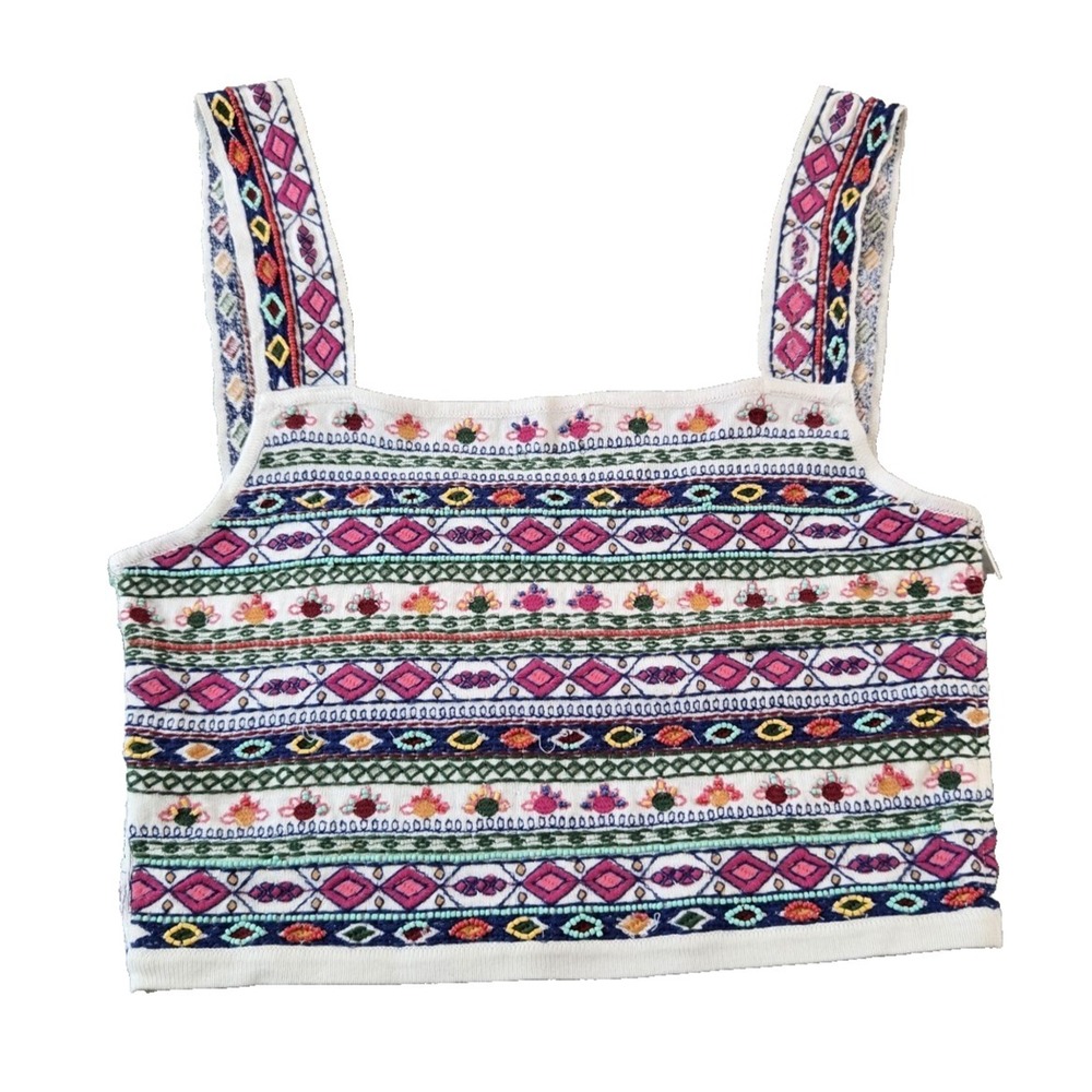 ZARA Knit Women's Cropped Sleeveless Side Zip Top Heavy Embroidery Beads M  READ